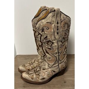 Corral Sadler Distressed Leather Metallic‎ Insert Rhinestone Cowboy Boots Size 6